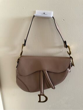 Designer-Inspired Saddle Bag in Taupe with Gold 'D' Charm
